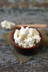 Fresh homemade cottage cheese. Dairy products.