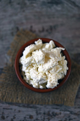 Fresh homemade cottage cheese. Dairy products.