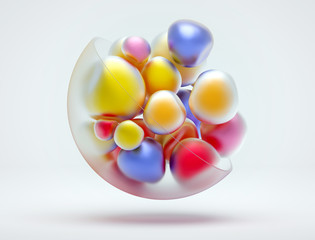 3d render of abstract art of surreal 3d composition with  part of ball in matte glass material with small deformed color balls inside in yellow pink blue matte metallic color on white background