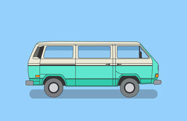 Detailed retro, vintage, travel, camper van, on white background. Roud badge vintage van car. Round sticker van life. vector eps 10