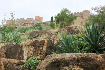 View from below to beautiful ruins of the medieval Sagunto castle in Spain
