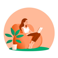 Cute beautiful girl sits with a laptop in a soft chair. A computer on her lap. Near houseplant. Vector illustration.