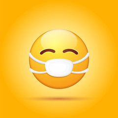 Vector Emoji sticker with mouth medical protection mask isolated on orange background. Yellow smile face character with white surgeon mask. Self isolation concept ilustration or icon