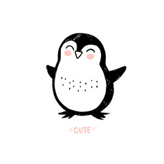 Hand drawn cute penguin isolated on white. Doodle cute animal illustration. Vector character.