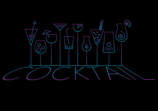 cocktail glasses set and cocktail text with neon colors on black background, vector illustration