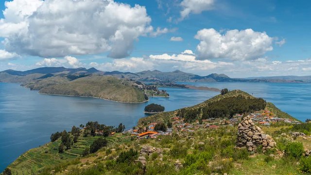 Zoom out time lapse view of Island of the Sun (Spanish: Isla del Sol ), known as the birthplace of the sun and the Inca bloodline, on Lake Titicaca in Bolivia, South America.