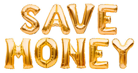 Golden words SAVE MONEY made of inflatable balloons isolated on white background. Gold foil balloon letters. Discount and advertisement, sale and party decoration