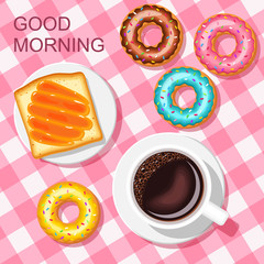 Breakfast.  Coffee, toast with jam and  donuts. vector illustration