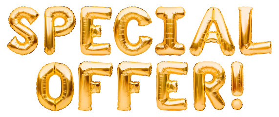 Words SPECIAL OFFER made of golden inflatable balloons isolated on white background. Helium balloons gold foil forming phrase special offer. Discount and advertisement, sale and party decoration