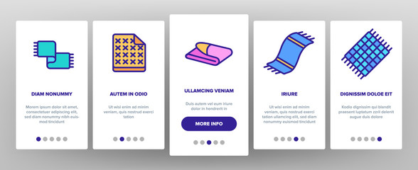 Blanket And Towel Onboarding Icons Set Vector. Electronic Blanket With Heating, Fabric Bathroom Accessory, Twisted Plaid Illustrations