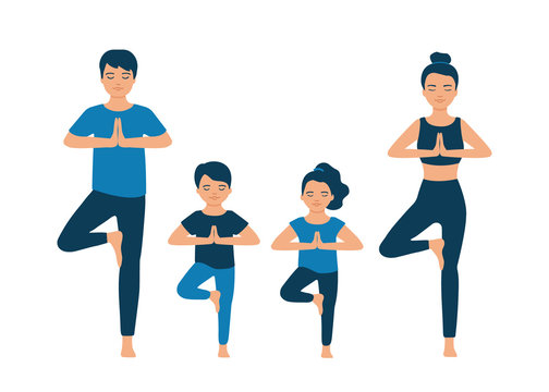 Family yoga. People do yoga exercise, meditation. Father and mother with children do yoga pose. Vector flat illustration