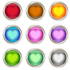 Colorful realistic round buttons with hearts. Isolated on white background. Vector illustration.