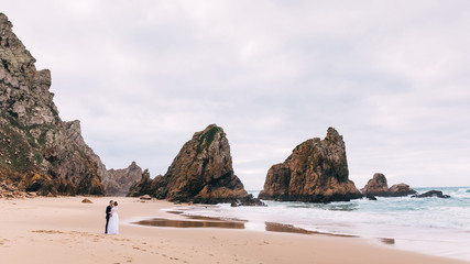 Fototapeta na wymiar high stone cliffs and sandy coast of the ocean. the bride and gr