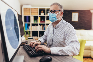 Business man working from home, wear a protective mask. Quarantine due coronavirus pandemic. Stay at home.