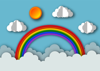 blue sky with rainbow background. paper art style. vector Illustration.