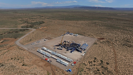 Aerial photo of hydraulic fracturing equipment. (FRACKING)