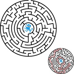 Black round maze. Game for kids. Children s puzzle. Many entrances, one exit. Labyrinth conundrum.