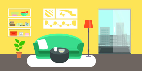 Living room with furniture. Flat style vector interior illustration . Sofa, pillow,  lamp, pictures on wall, flower, shelf. Daylight apartments . Hotel suite with city views. Upstairs. Renting a home