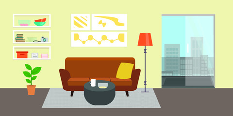 Living room with furniture. Flat style vector interior illustration . Sofa, pillow,  lamp, pictures on wall, flower, shelf. Daylight apartments . Hotel suite with city views. Upstairs. Renting a home