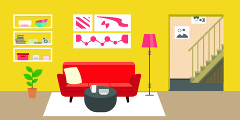 Living room with furniture. Flat style vector interior illustration . Sofa, pillow,  lamp, pictures on wall, flower, shelf. Daylight apartments . Hotel suite with city views. Upstairs. Renting a home