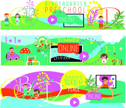 Preschool KIndergarden Online Education banner Colorful Illustration
