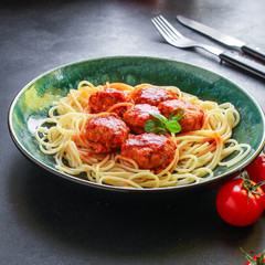 pasta spaghetti meatballs tomato sauce, main course Menu concept, food background, diet. top view. copy space for text