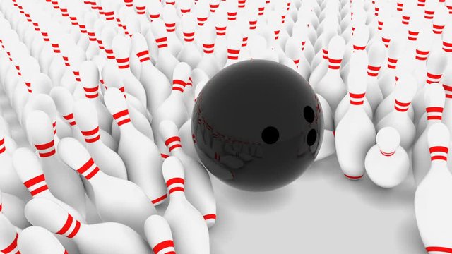 A black ball flies out of the corner of the white screen and breaks up a continuous array of white bowling pins. Close-up.