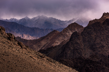 view of the Ladakh Range of Mountains from Leh in India