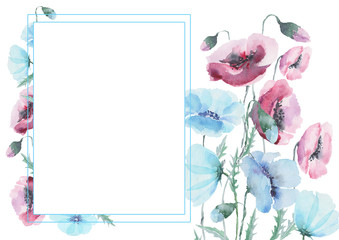 A floral arrangement of pink and blue poppies with transparent petals and buds frames a rectangular frame. Cards, invitations, banners, posters, covers. Watercolor.