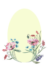Oval frame framed by flowers of pink poppies, green buds, blue cornflowers, red berries and green leaves. Easter composition for cards, invitations, posters. Watercolor