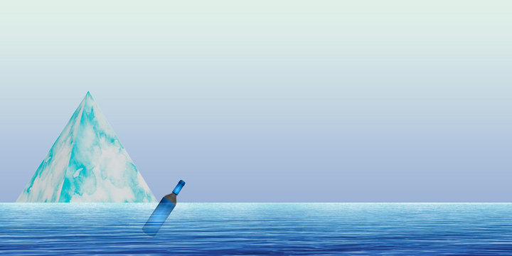 Ilustraci&oacute;n con una pir&aacute;mide 3D sobre el mar junto a una botella que simula flotar.