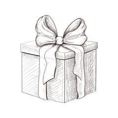 vintage gift box hand drawn. engraved present illustration isolated on white background. present box icon with lush bow and ribbon. wrapped gift sketch. monochrome line art. Silhouette of box