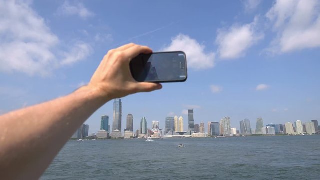 POV on Tourist Photographing Manhattan in NYC in 4K Slow motion 60fps