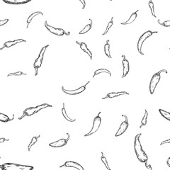 hot pepper seamless pattern background sketch engraving vector illustration. T-shirt apparel print design. Scratch board imitation. Black and white hand drawn image.