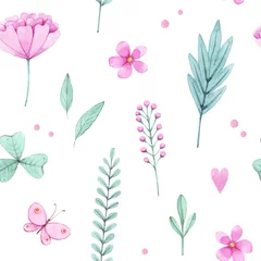 Foto op Plexiglas Aquarel prints Hand getekende aquarel naadloze patroon met roze bloemen, bladeren. Groene planten op een witte achtergrond. Ontwerp voor stof, behang, servetten, textiel, verpakkingen, achtergronden. Delicaat en stijlvol.
