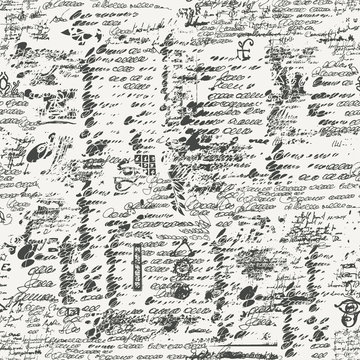 Vector seamless pattern with unreadable handwritten text in retro style. Black and white background or texture with scribbles, sketches and ink spots. Suitable for wallpaper, wrapping paper, textile
