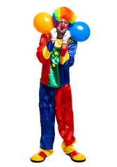 Full length portrait of a male clown in costume holding bunch of balloons isolated on white...