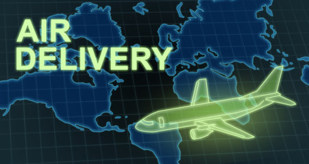 Plane transporting goods over world map and words AIR DELIVERY, illustration. Panorama