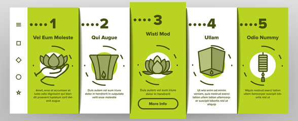 Vesak Day Buddhism Onboarding Icons Set Vector. Buddha Statue And Figure, Lotus Flower And Lantern, Candle And Flags Vesak Illustrations