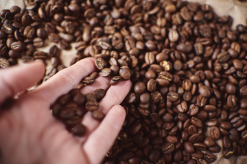 A handful of brown coffee beans in the palm of your hand next to an espresso Cup