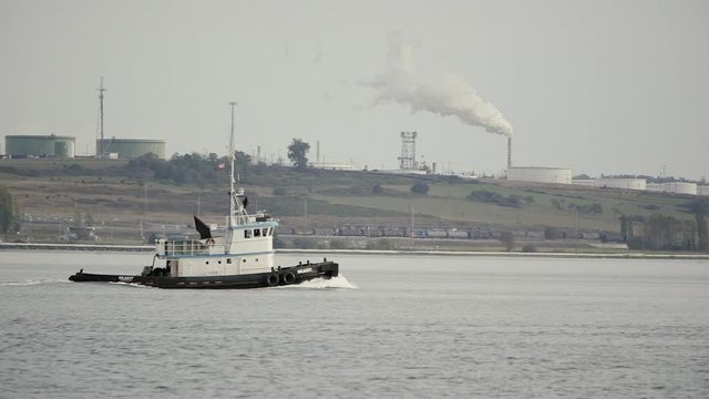 Industrial Tug Boat Water Ocean Smoke Plant Wasteland Harbor Marina