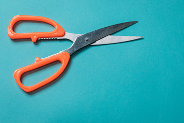 metal scissors with an orange handle on a blue background laid neatly close