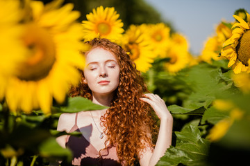 Redhair girl in sunflowers