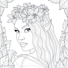 Elf girl with a floral wreath on her head and leaves around.Coloring book antistress for children and adults. Zen-tangle style.Black and white drawing