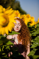 Redhair girl in sunflowers