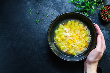 chicken soup vegetables healthy eating
Menu concept. keto or paleo diet food background. top view copy space for text 