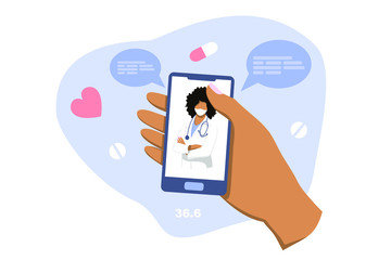 Smartphone screen with female therapist on chat in messenger and an online consultation. Vector flat illustration. Ask doctor. Online medical advise or consultation service, tele medicine, cardiology