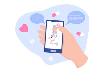 Smartphone screen with female therapist on chat in messenger and an online consultation. Vector flat illustration. Ask doctor. Online medical advise or consultation service, tele medicine, cardiology
