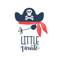 Vector illustration Little pirate lettering with pirate's hat and bones. Kids logo emblem. Textile fabric print - 341771913