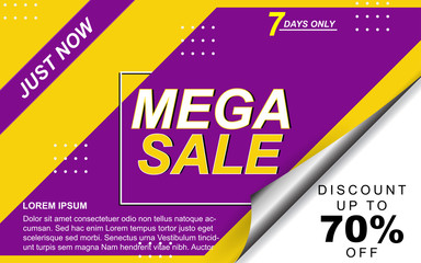 Tag sale and label discount banner template background with yellow and purple colors layout design. Paper sticker shapes and text message for web promotion business, retail product, fashion poster